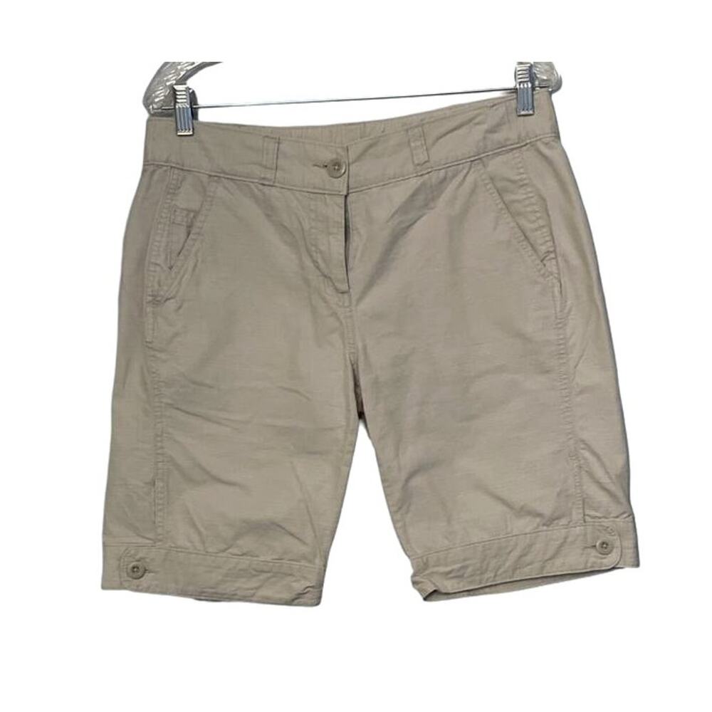 Woolrich Shorts Womens Size 6P Tan Gray Bermuda Mid Rise Zip Front Pockets Twill